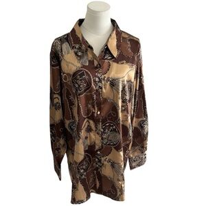 DENNIS BASSO Brown Gold Top Chain Rope Tassel Button Down size 1X Shirt‎ RARE by